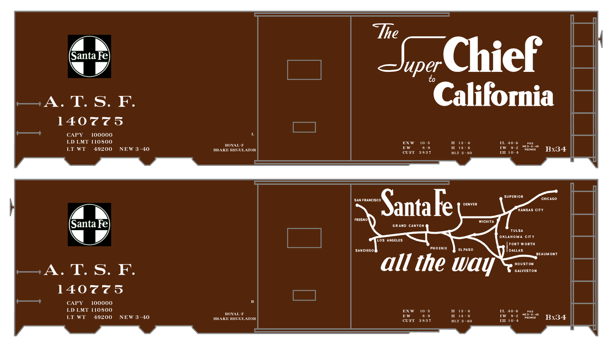 Santa Fe 40 Ft Single Door Boxcar White Super Chief Curvy Map - Decal