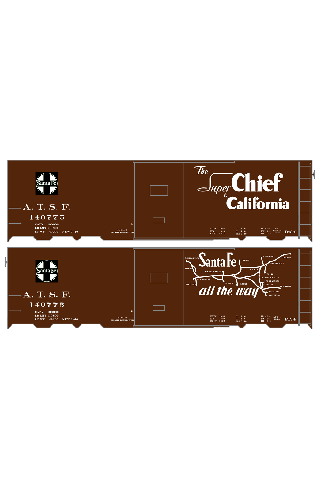Santa Fe 40 Ft Single Door Boxcar White Super Chief Curvy Map