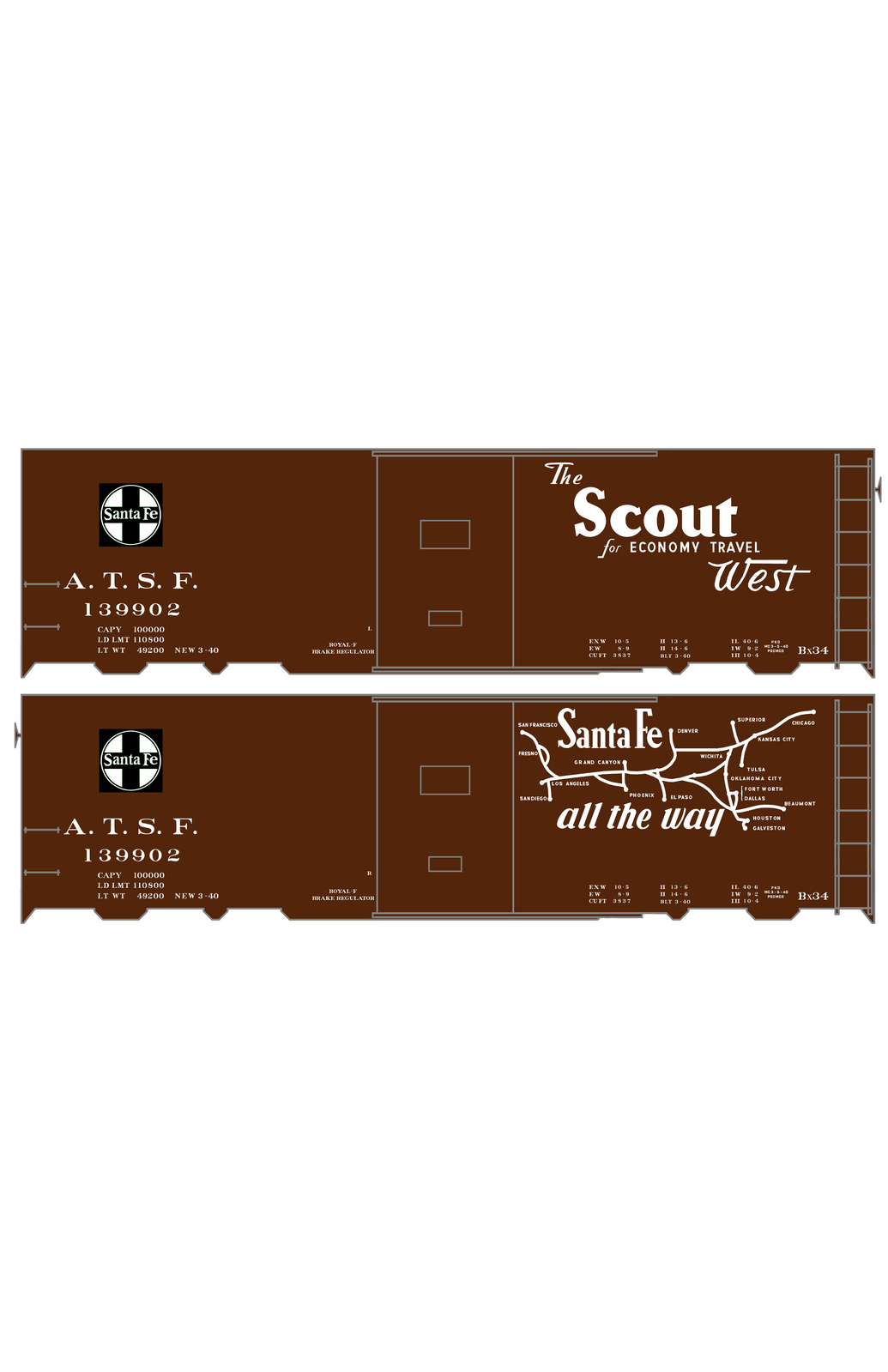 Santa Fe 40 Ft Single Door Boxcar White Scout Curvy Map