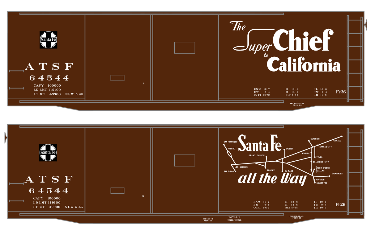 Santa Fe 40 Ft Double Door Fe-26 Boxcar White Super Chief/Map - Decal
