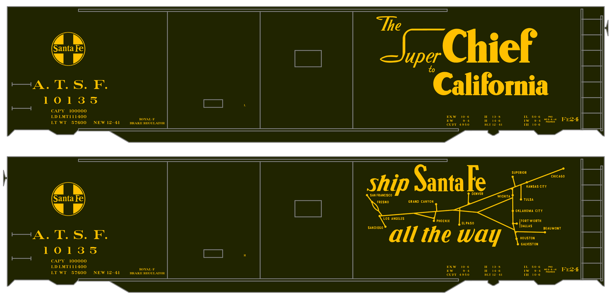 Santa Fe 50 Ft Double Door Express Boxcar Dulux Gold Super Chief/Map - Decal