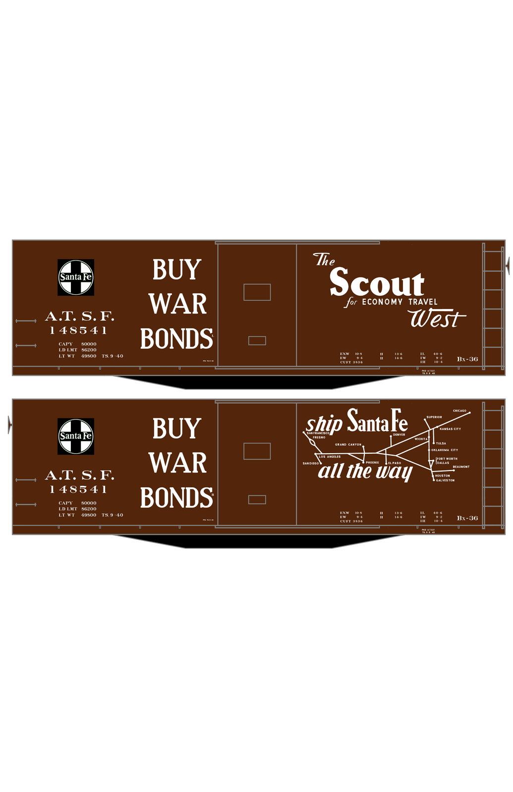 Santa Fe 40 Ft Single Door Boxcar White Scout Buy War Bonds