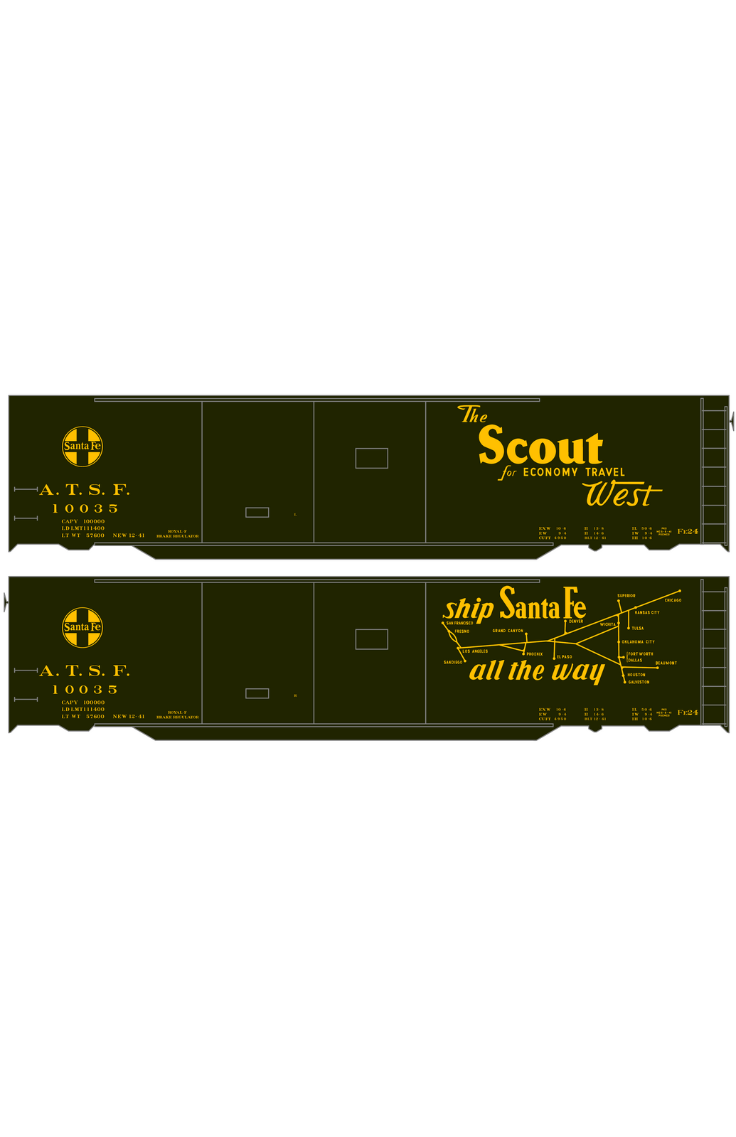 Santa Fe 50 Ft Double Door Express Boxcar Dulux Gold Scout/Map