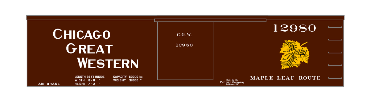 Chicago Great Western 36 Ft Wood Boxcar White and Yellow Leaf Herald - Decal