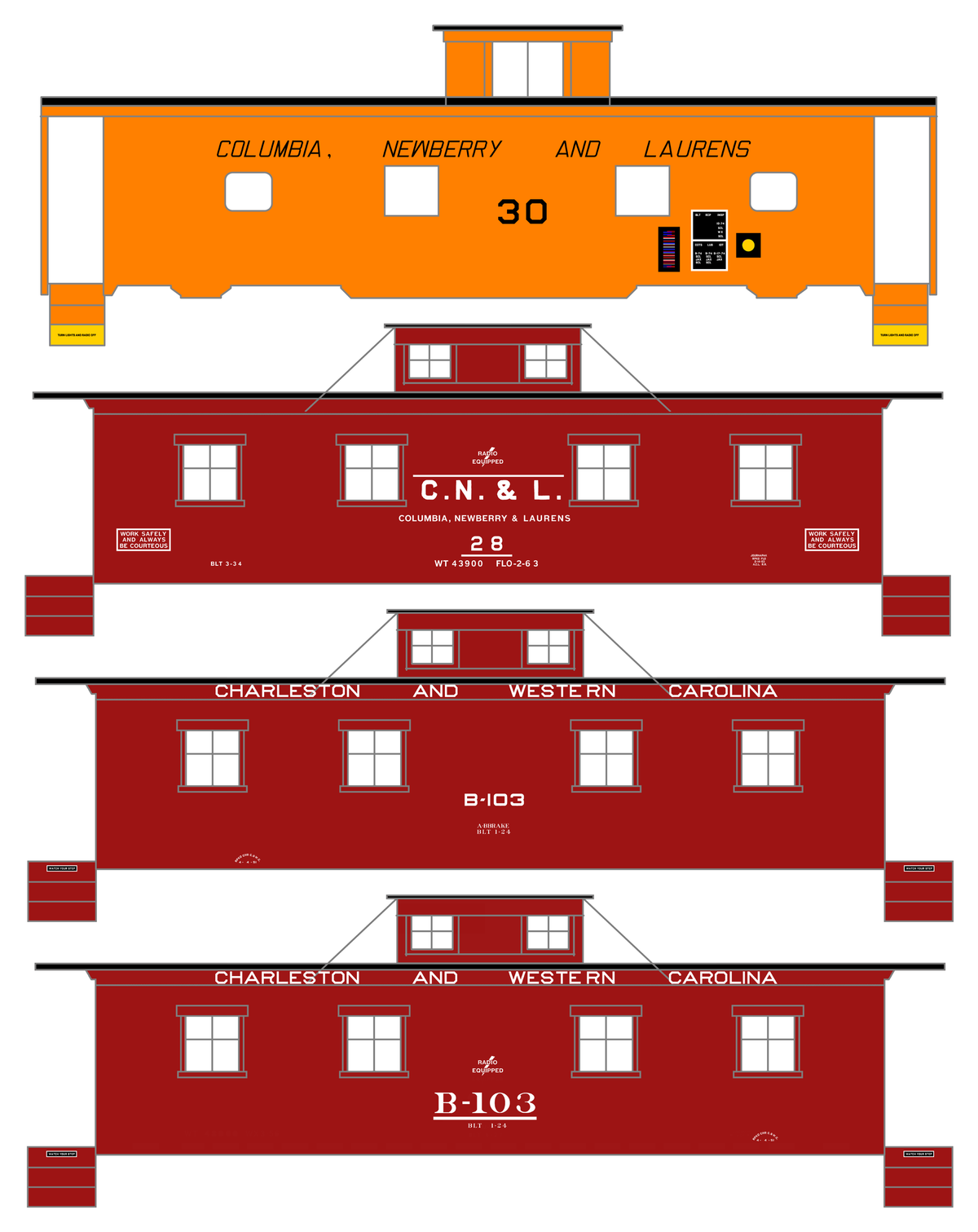 Columbia Newberry & Laurens / Charleston & Western Carolina Caboose Black and White ACL - Decal