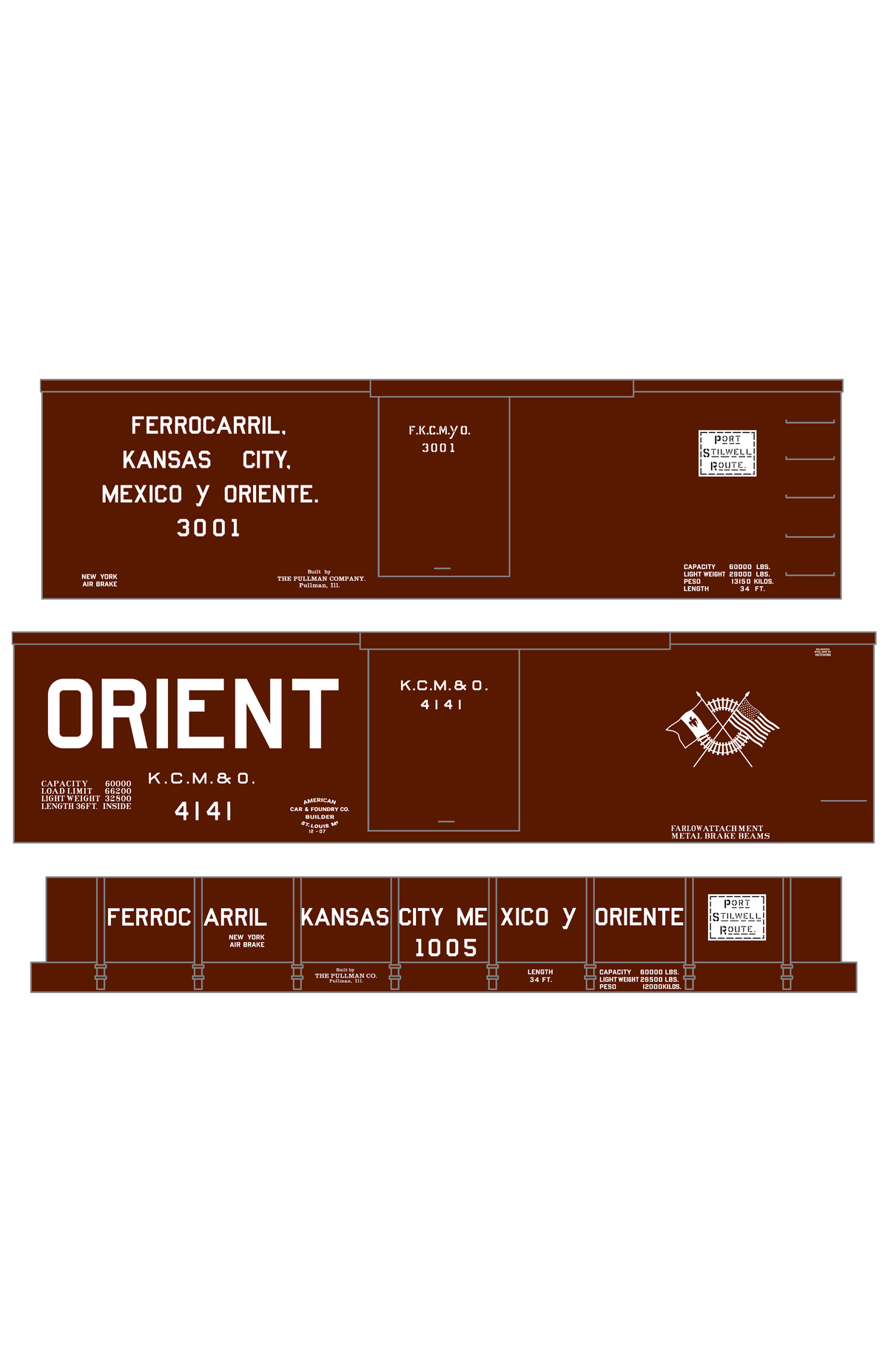 Kansas City, Mexico and Orient Boxcars and Gondola White KCMO