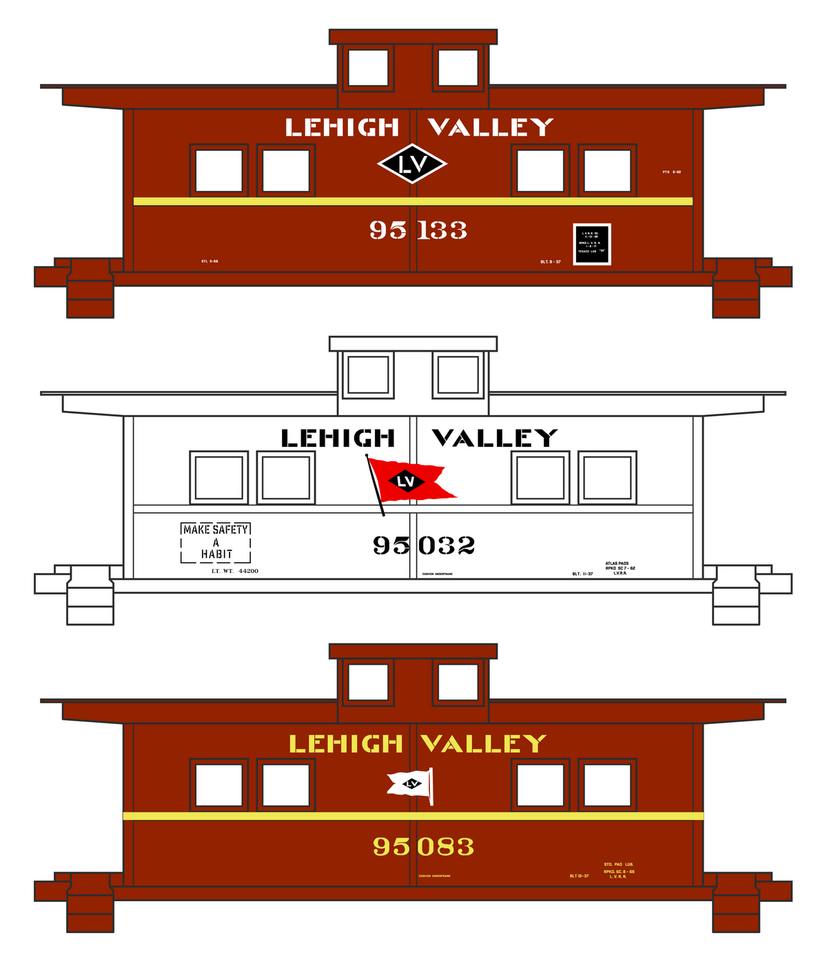 Lehigh Valley Caboose Black, White and Yellow Late Schemes