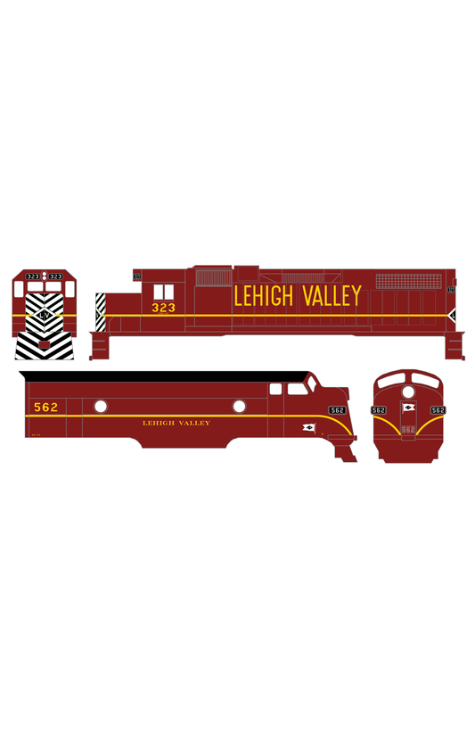 Lehigh Valley GE, EMD GP and F Diesel Locomotive Yellow Late Roman and Tall Letter Schemes