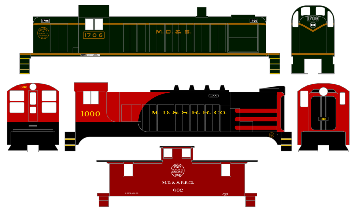 Macon, Dublin and Savannah Diesel Locomotive and Caboose Gold, Yellow and White