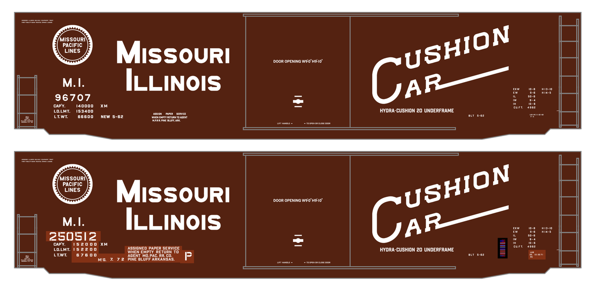 Missouri-Illinois 50 Ft PS1 Boxcar White Missouri Pacific Cushion Car - Decal