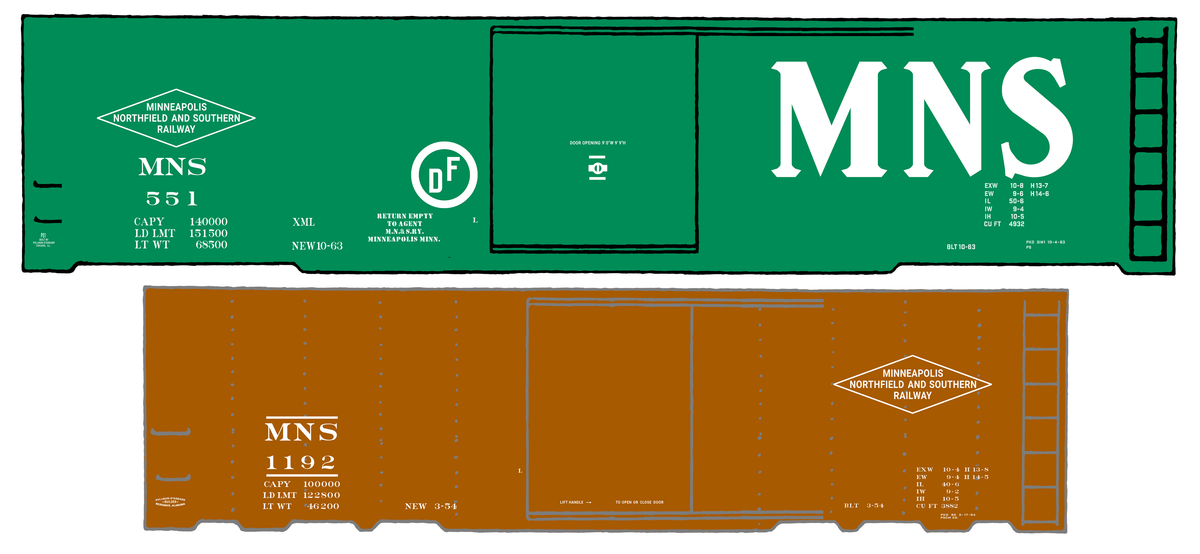 Minneapolis Northfield and Southern 40 and 50 Ft Boxcars White