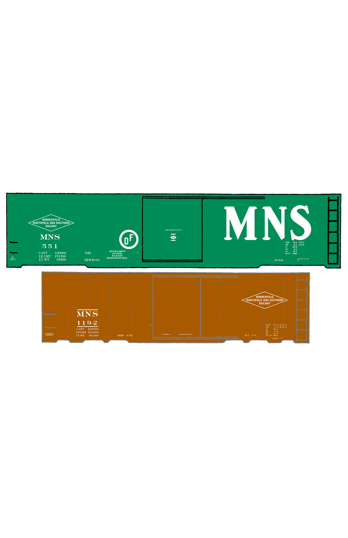 Minneapolis Northfield and Southern 40 and 50 Ft Boxcars White