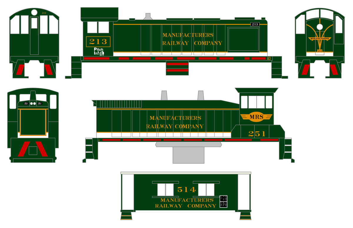 Manufacturers Railway Diesel Locomotive and Caboose Gold and Red
