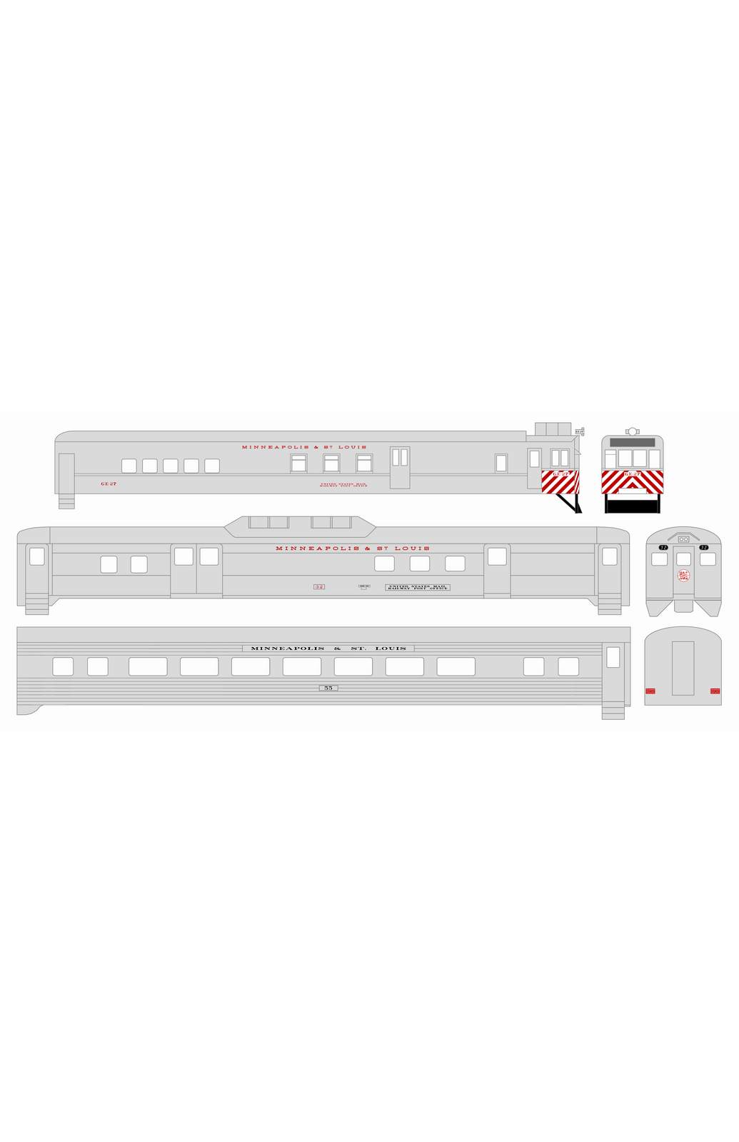 Minneapolis and St Louis Doodlebug, RDC, and Streamlined Passenger Car Red White and Black  - Decal
