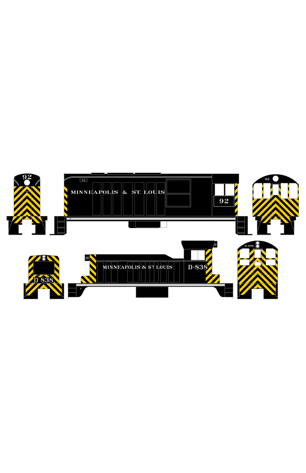 Minneapolis and St Louis End Cab Diesel Switcher Locomotive Yellow White and Aluminum