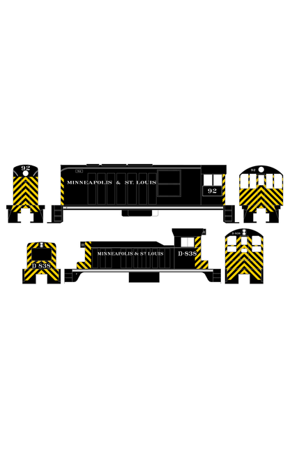 Minneapolis and St Louis End Cab Diesel Switcher Locomotive Yellow White and Aluminum