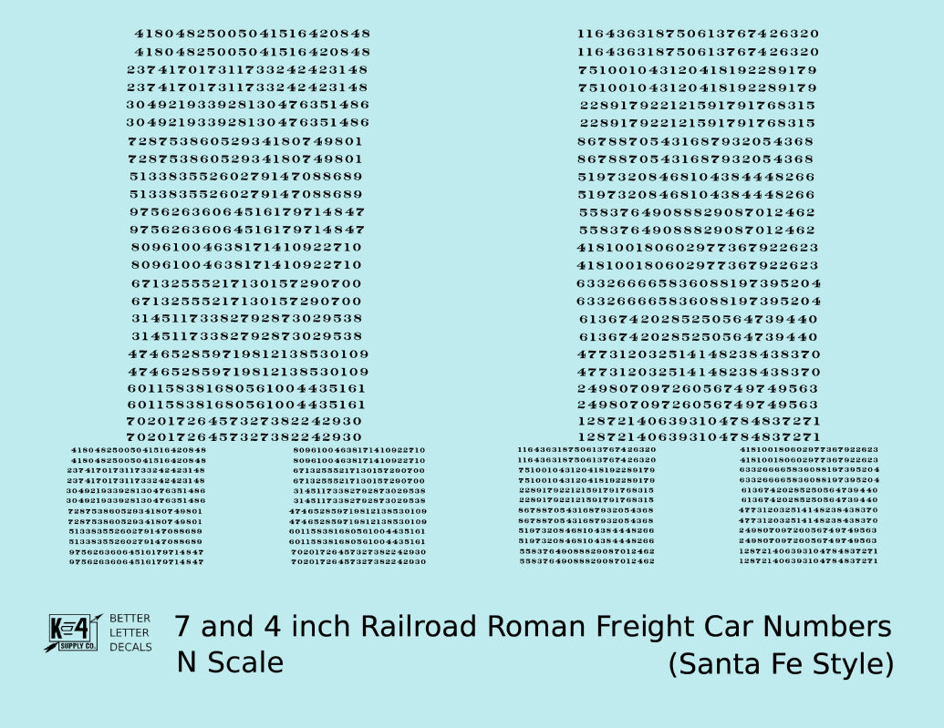 ATSF Santa Fe Style 7 Scale Inch Railroad Roman Freight Car Numbers