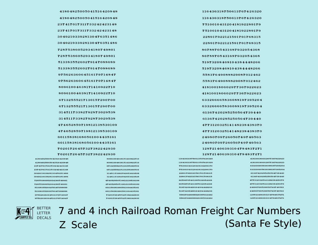ATSF Santa Fe Style 7 Scale Inch Railroad Roman Freight Car Numbers