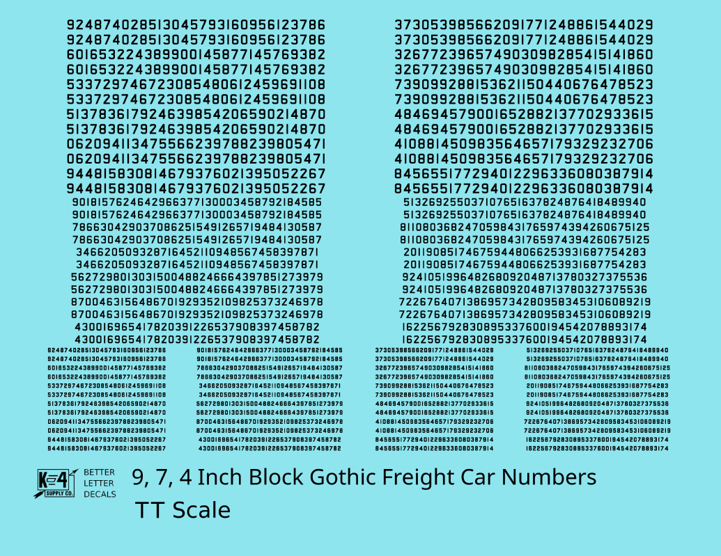 Block Gothic Freight Car Numbers  White 9, 7 and 4 Inch Renumber