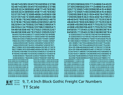 Block Gothic Freight Car Numbers  White 9, 7 and 4 Inch Renumber
