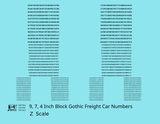 Block Gothic Freight Car Numbers  White 9, 7 and 4 Inch Renumber