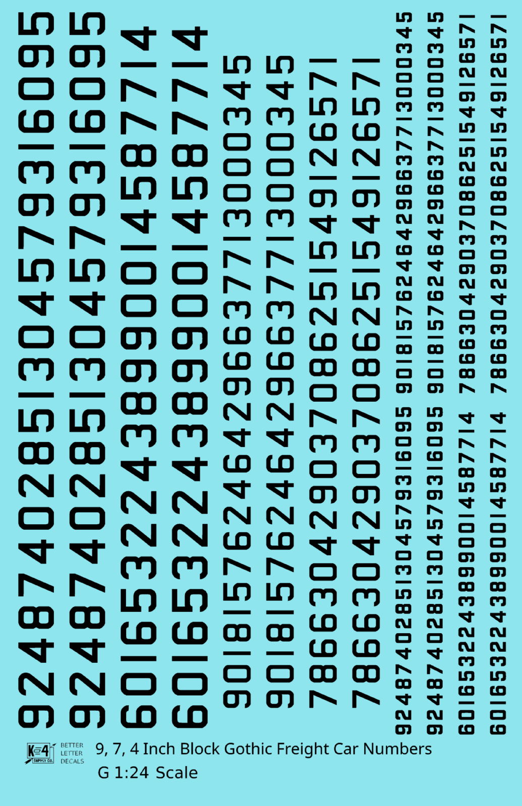 Block Gothic Freight Car Numbers  White 9, 7 and 4 Inch Renumber