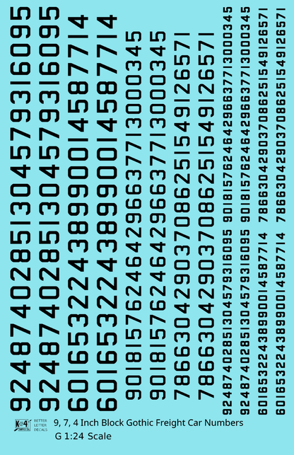 Block Gothic Freight Car Numbers  White 9, 7 and 4 Inch Renumber
