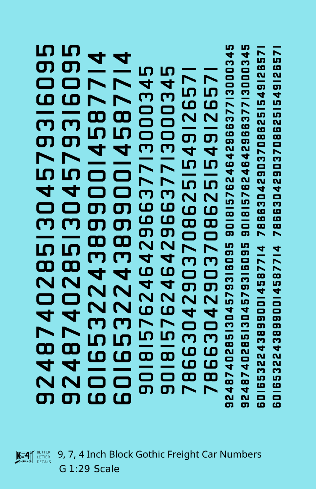 Block Gothic Freight Car Numbers  White 9, 7 and 4 Inch Renumber