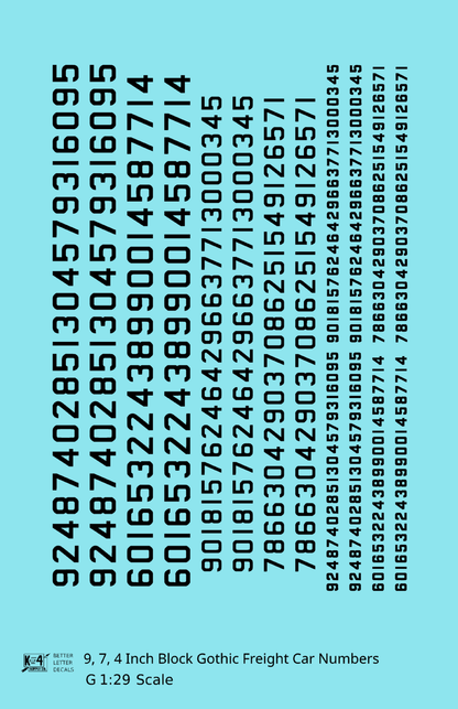 Block Gothic Freight Car Numbers  White 9, 7 and 4 Inch Renumber