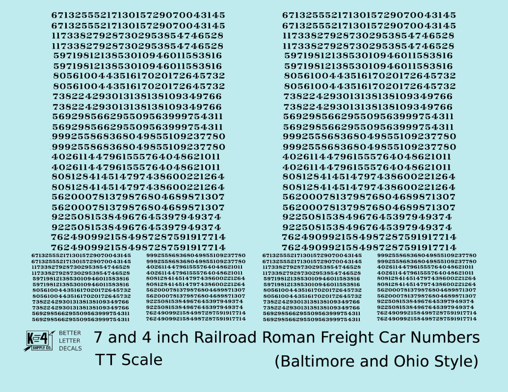 B&O Baltimore and Ohio Style 7 Scale Inch Railroad Roman Freight Car Numbers