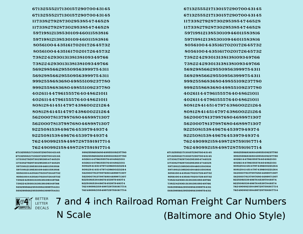 B&O Baltimore and Ohio Style 7 Scale Inch Railroad Roman Freight Car Numbers
