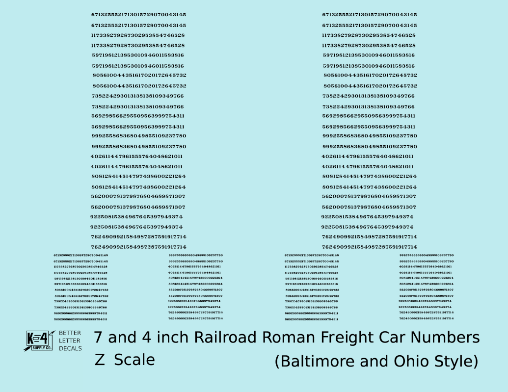 B&O Baltimore and Ohio Style 7 Scale Inch Railroad Roman Freight Car Numbers