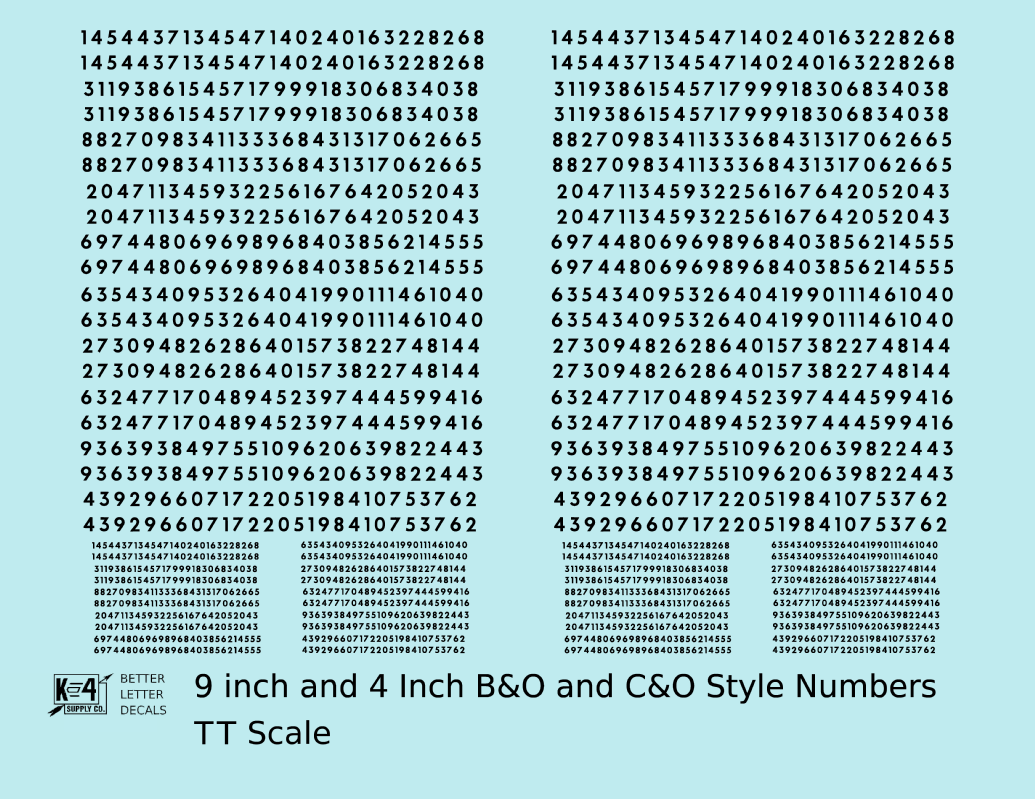 B&O, C&O Baltimore/Chesapeake and Ohio 9 Scale Inch Futura Style Freight Car Numbers