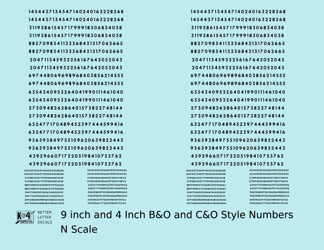 B&O, C&O Baltimore/Chesapeake and Ohio 9 Scale Inch Futura Style Freight Car Numbers