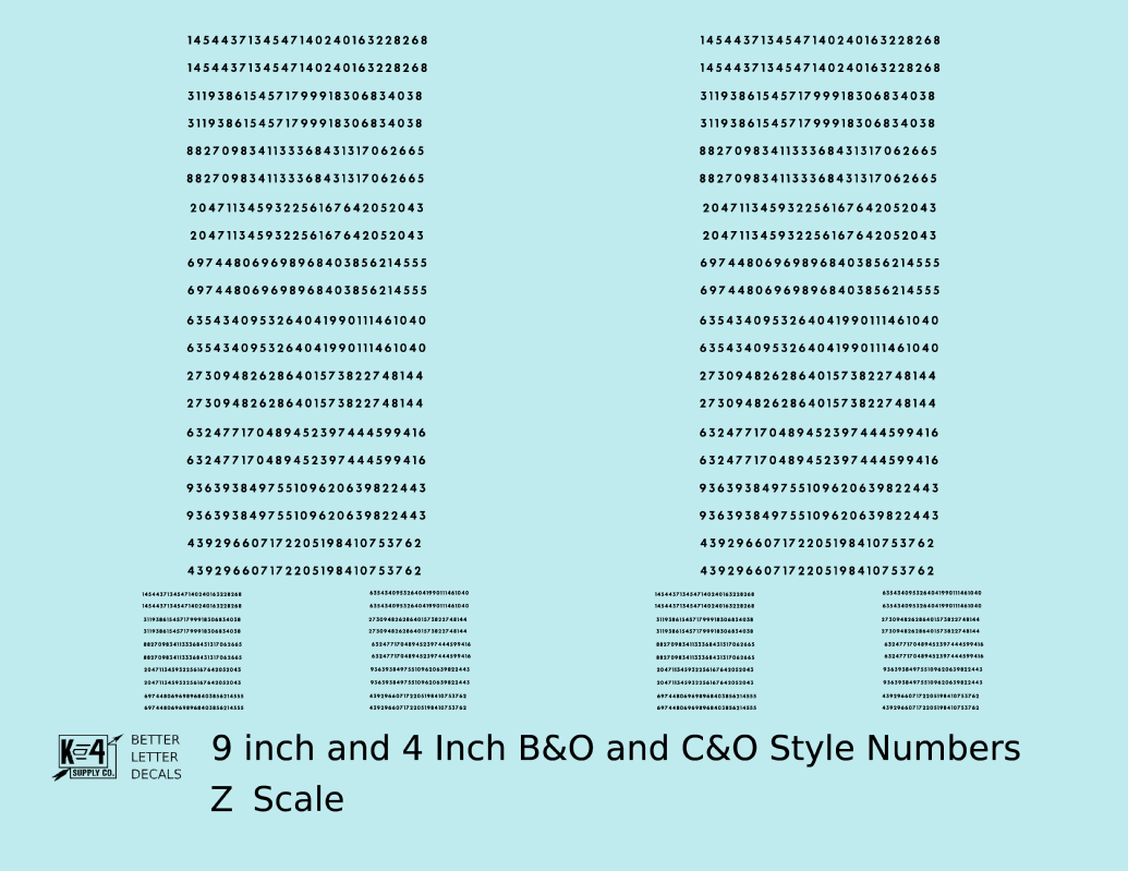 B&O, C&O Baltimore/Chesapeake and Ohio 9 Scale Inch Futura Style Freight Car Numbers