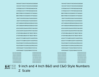 B&O, C&O Baltimore/Chesapeake and Ohio 9 Scale Inch Futura Style Freight Car Numbers