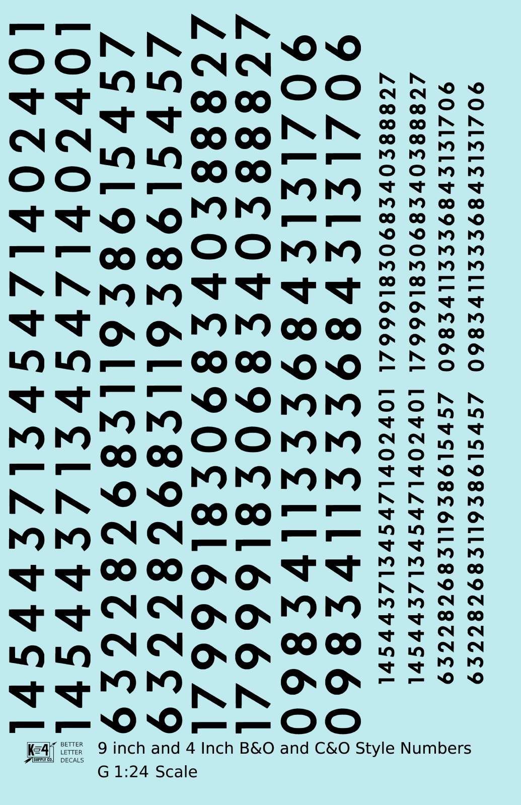 B&O, C&O Baltimore/Chesapeake and Ohio 9 Scale Inch Futura Style Freight Car Numbers