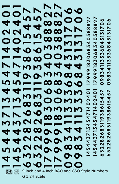 B&O, C&O Baltimore/Chesapeake and Ohio 9 Scale Inch Futura Style Freight Car Numbers