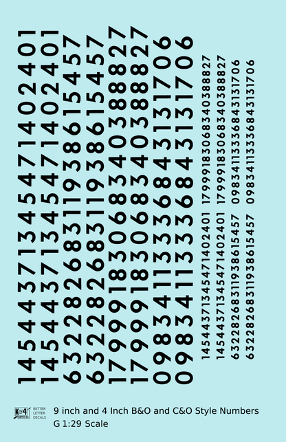 B&O, C&O Baltimore/Chesapeake and Ohio 9 Scale Inch Futura Style Freight Car Numbers