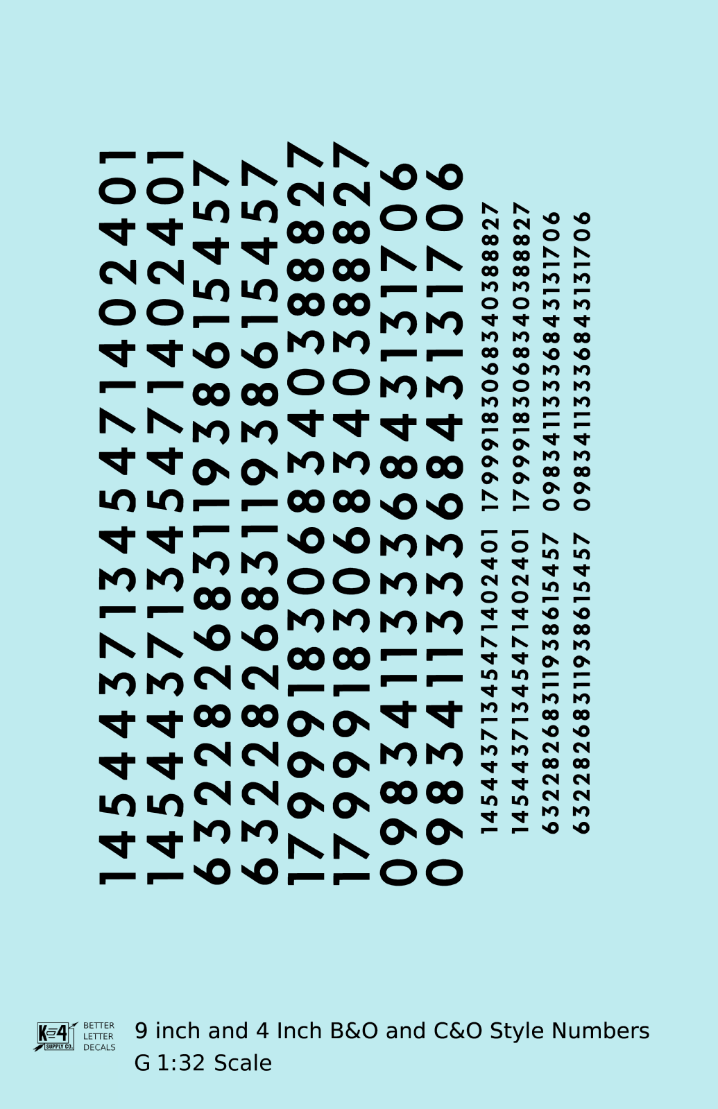 B&O, C&O Baltimore/Chesapeake and Ohio 9 Scale Inch Futura Style Freight Car Numbers