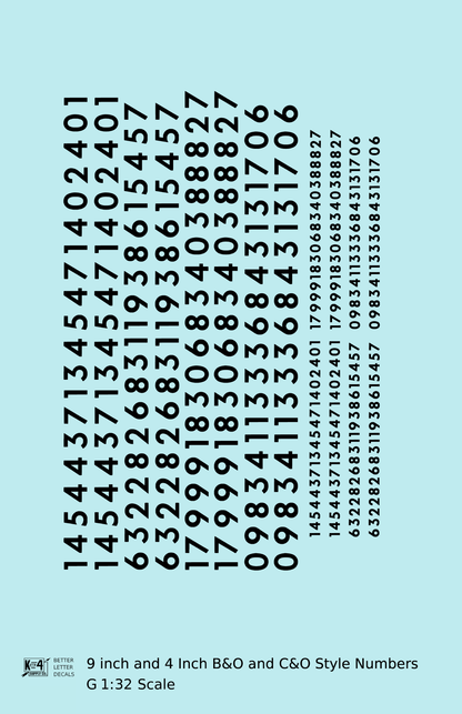 B&O, C&O Baltimore/Chesapeake and Ohio 9 Scale Inch Futura Style Freight Car Numbers