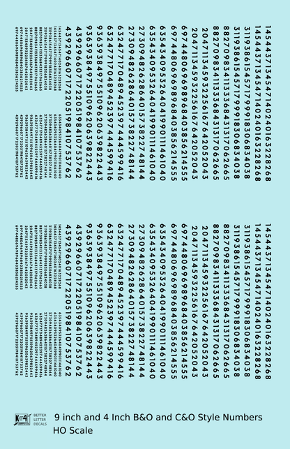 B&O, C&O Baltimore/Chesapeake and Ohio 9 Scale Inch Futura Style Freight Car Numbers
