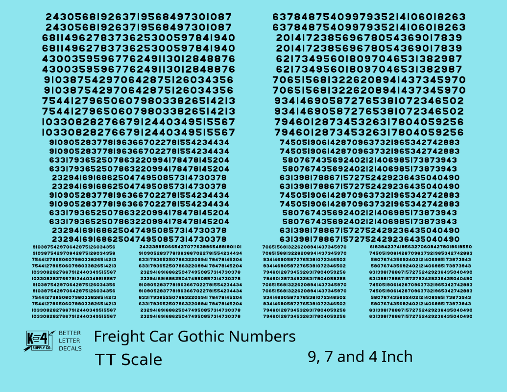 Freight Car Gothic Numbers  White 9, 7 and 4 Inch Renumber
