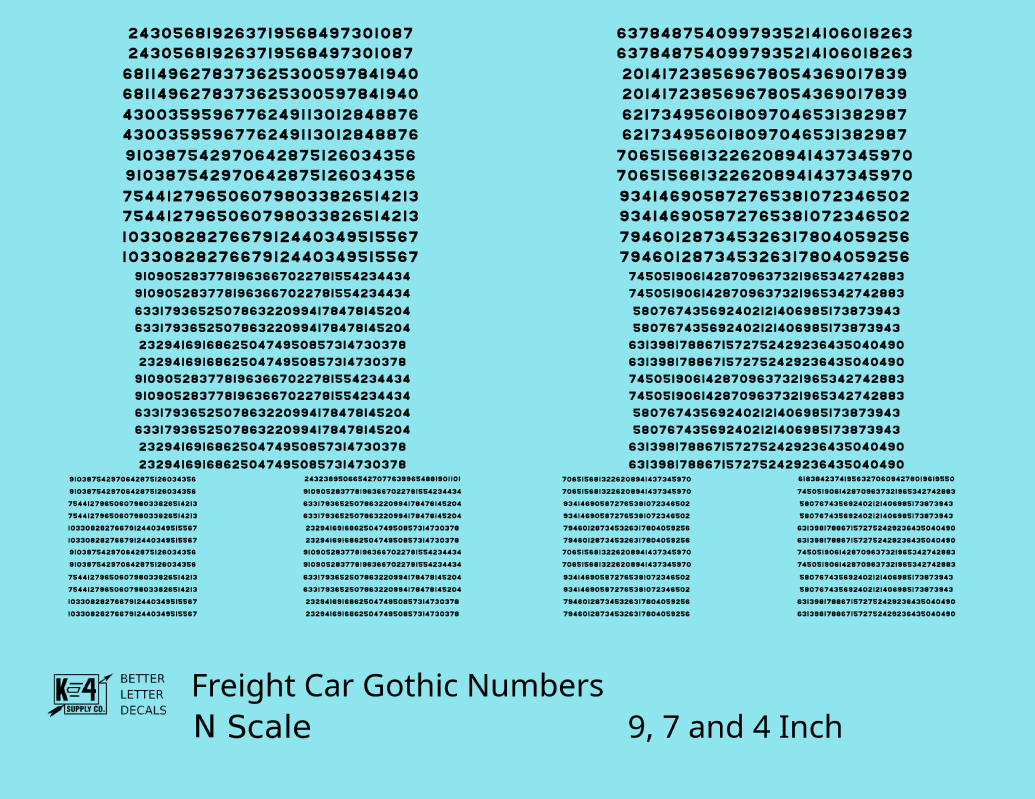 Freight Car Gothic Numbers  White 9, 7 and 4 Inch Renumber