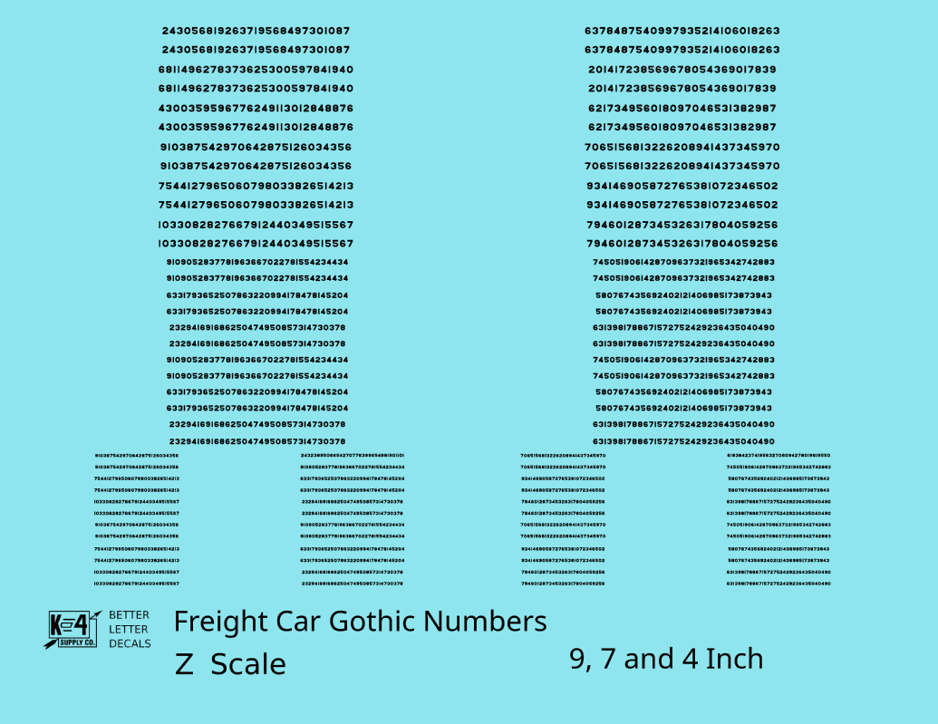 Freight Car Gothic Numbers  White 9, 7 and 4 Inch Renumber