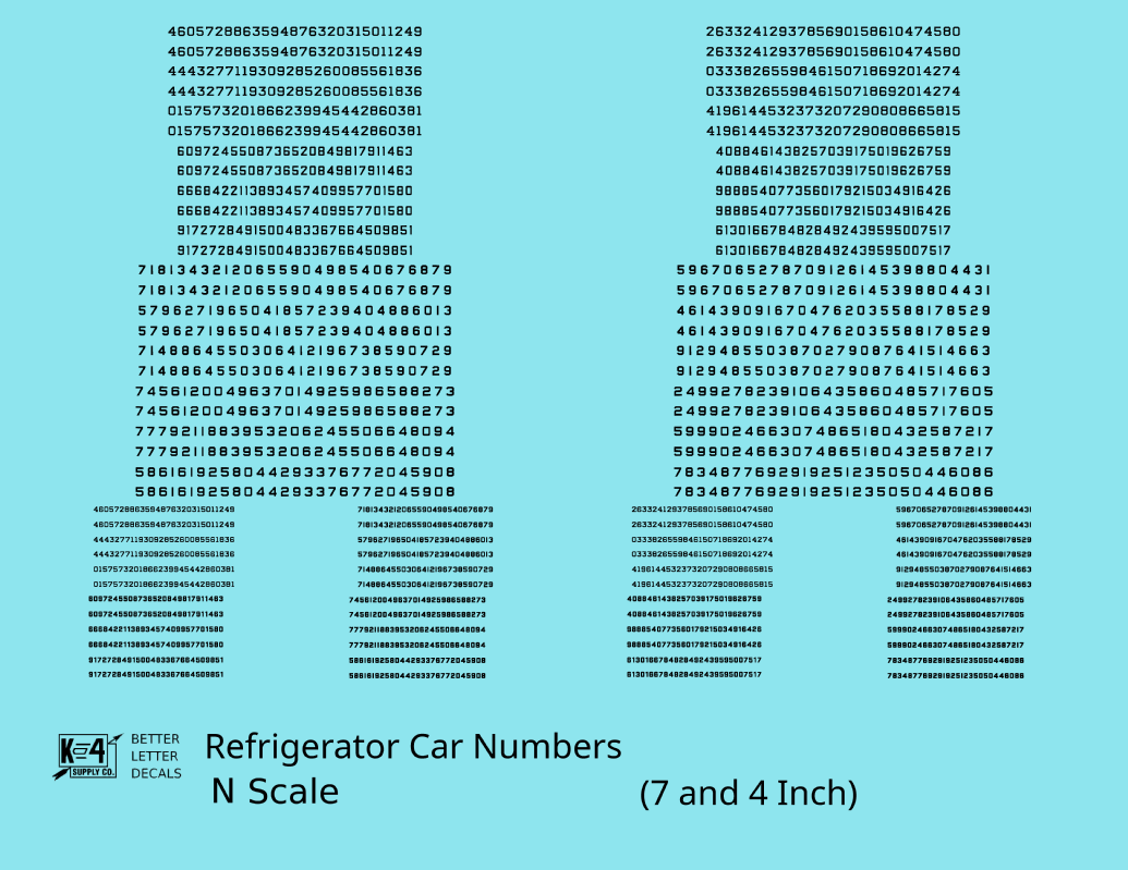 Reefer/Refrigerator Car Style Numbers  White 7 and 4 Inch Renumber