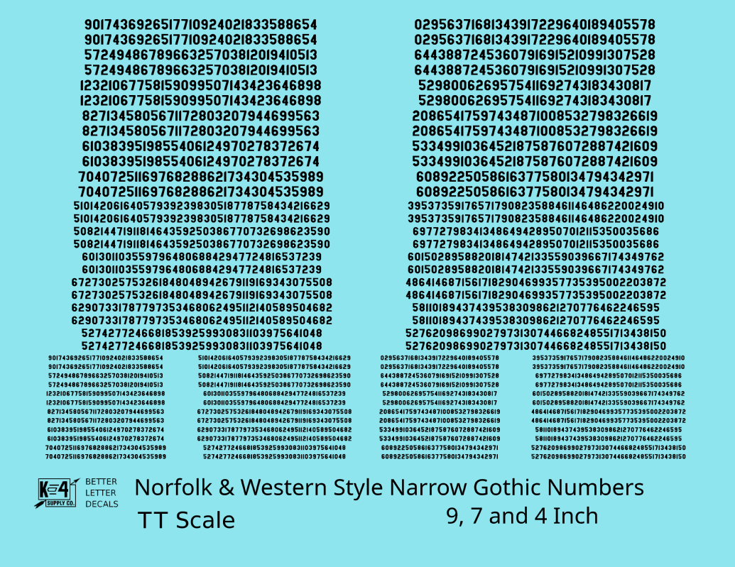 N&W Style Narrow Gothic Freight Car Numbers  White 9, 7 and 4 Inch Renumber