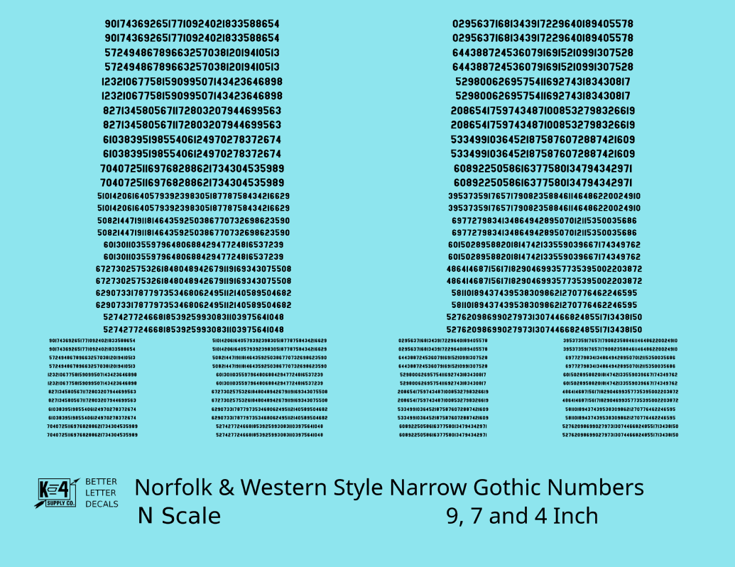 N&W Style Narrow Gothic Freight Car Numbers  White 9, 7 and 4 Inch Renumber