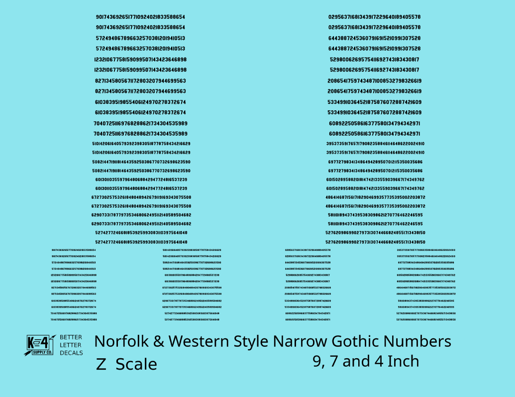 N&W Style Narrow Gothic Freight Car Numbers  White 9, 7 and 4 Inch Renumber