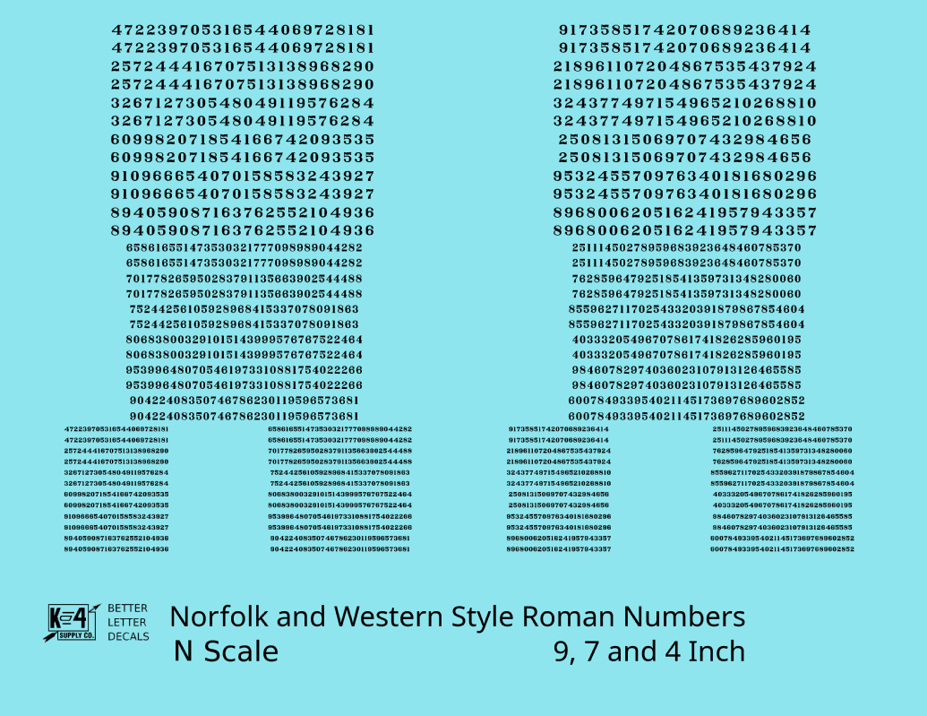 N&W Style Railroad Roman Freight Car Numbers  White 9, 7 and 4 Inch Renumber